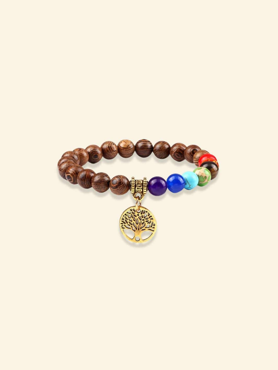 Bracelet 7 Chakras avec Arbre de Vie Bois doré