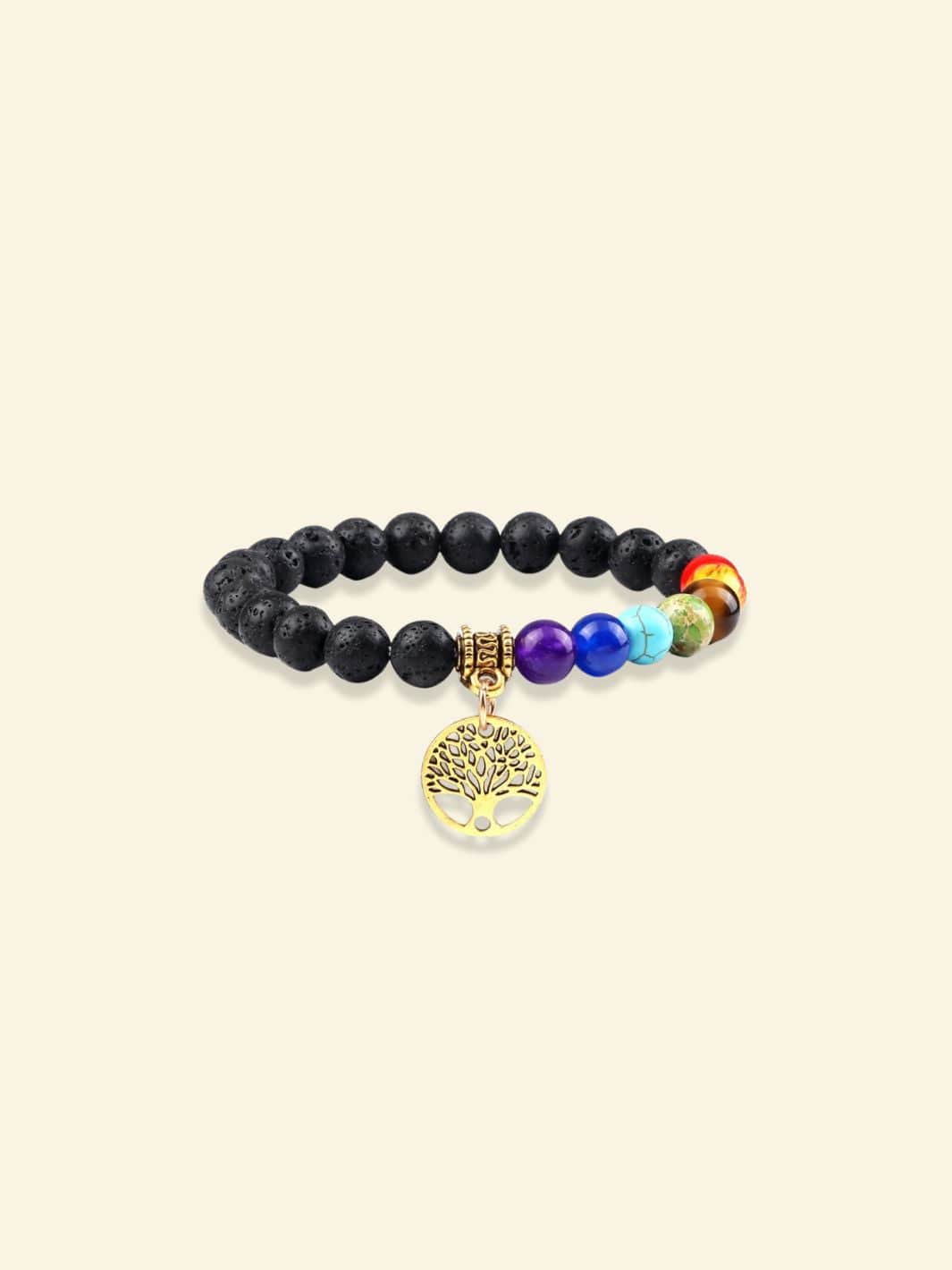 Bracelet 7 Chakras avec Arbre de Vie Lave noir / Doré