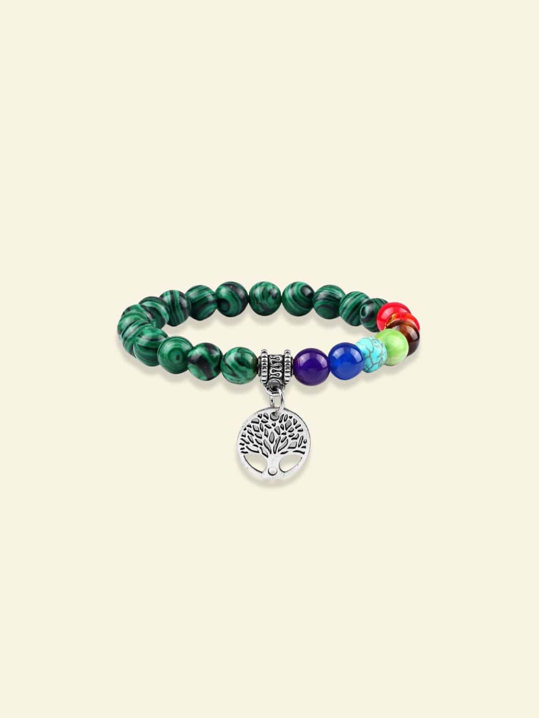 Bracelet 7 Chakras avec Arbre de Vie Malachite vert / Argent