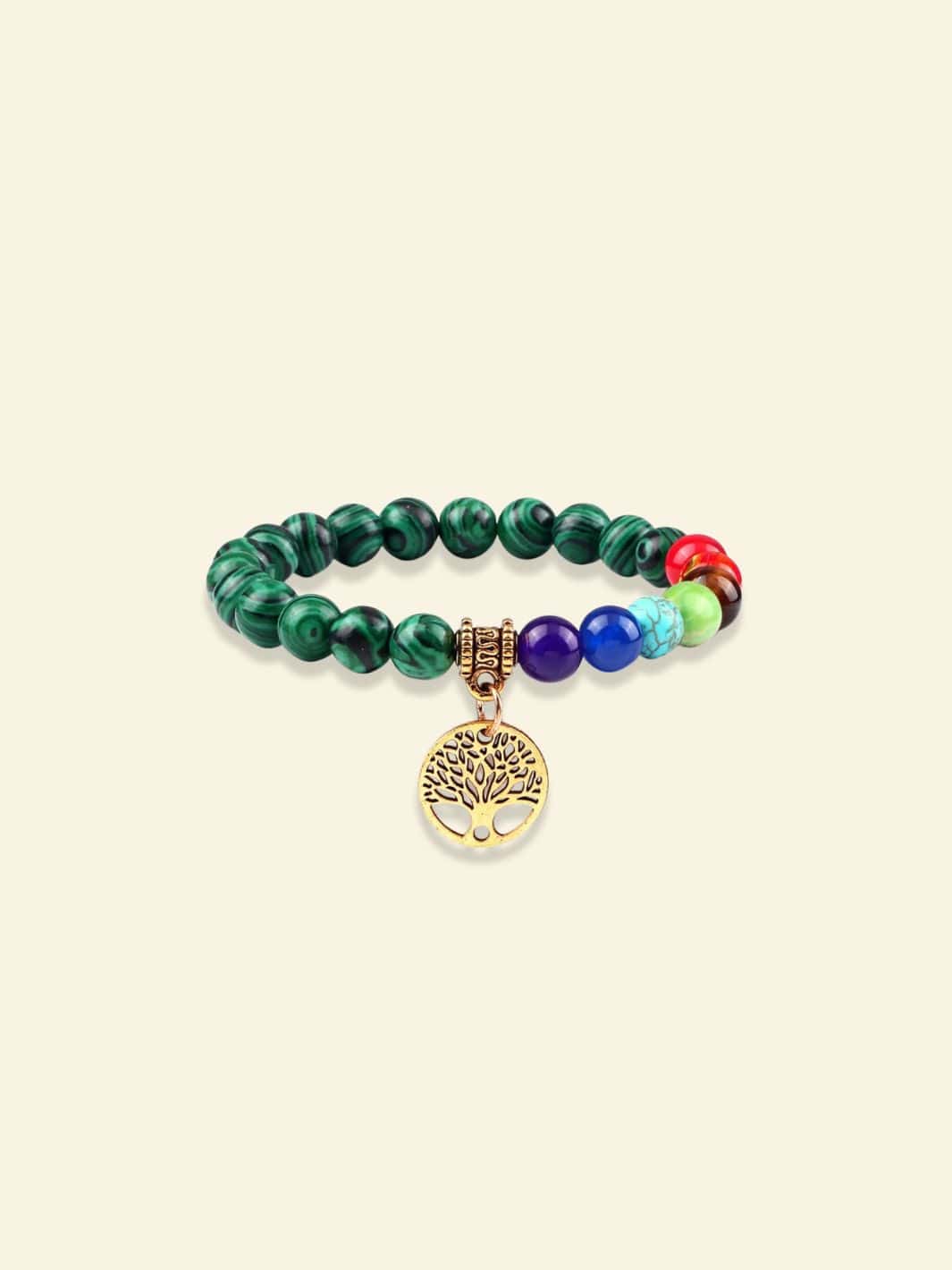 Bracelet 7 Chakras avec Arbre de Vie Malachite vert / Doré