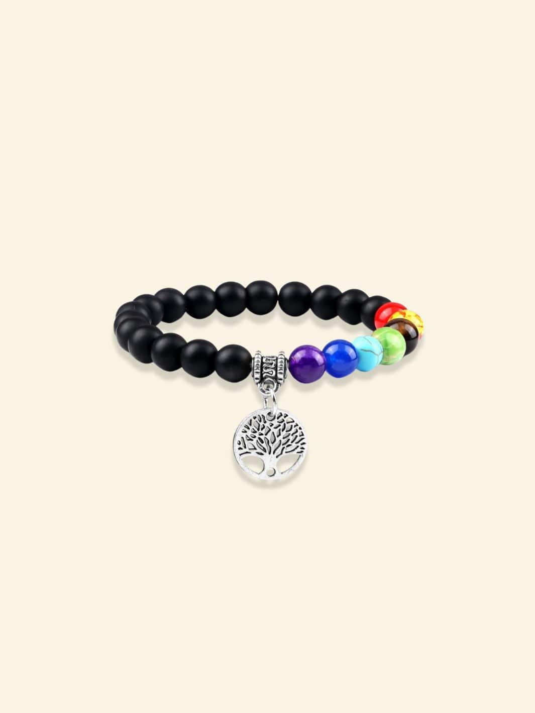 Bracelet 7 Chakras avec Arbre de Vie Noir argent