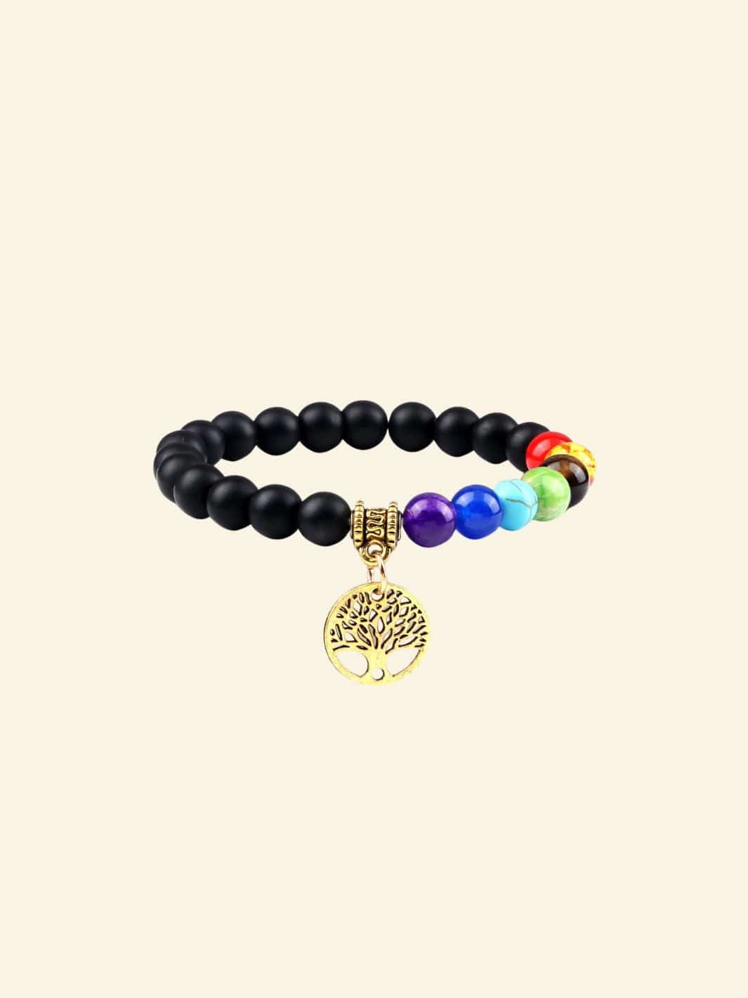 Bracelet 7 Chakras avec Arbre de Vie Noir doré