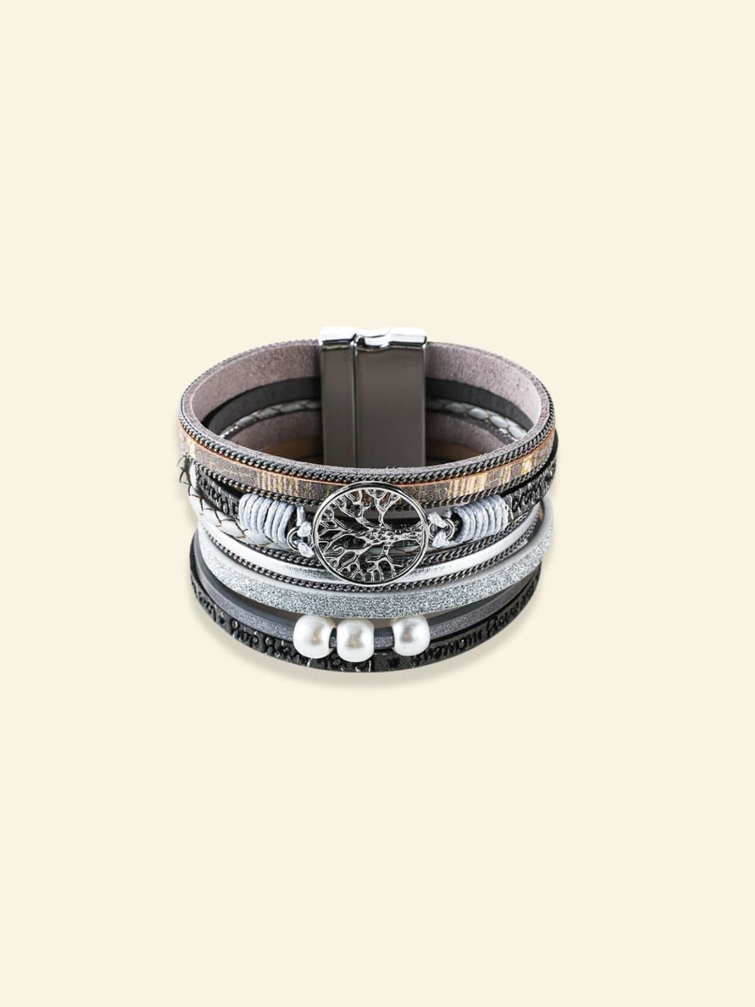 Bracelet Arbre de Vie Cuir Femme Gris