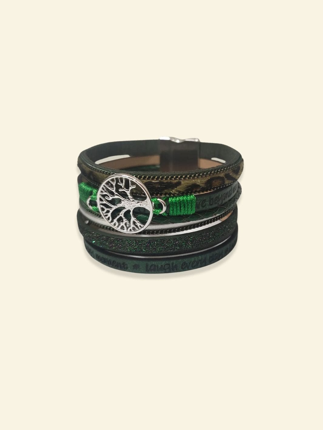 Bracelet Arbre de Vie Cuir Femme Léopart vert