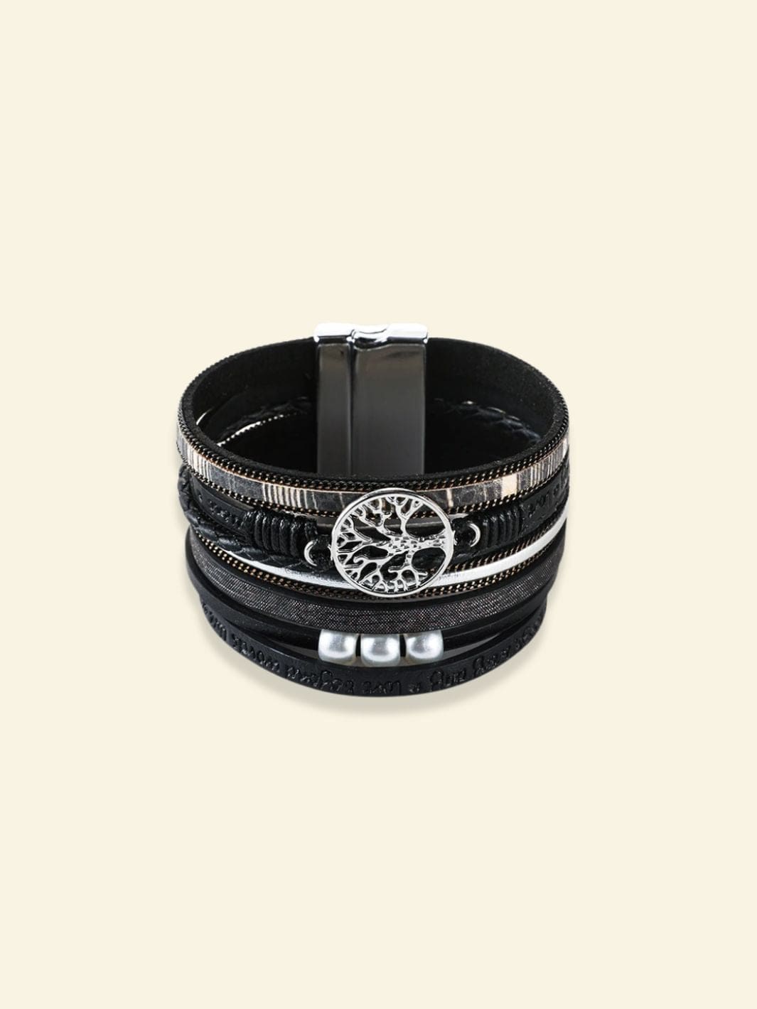 Bracelet Arbre de Vie Cuir Femme Noir