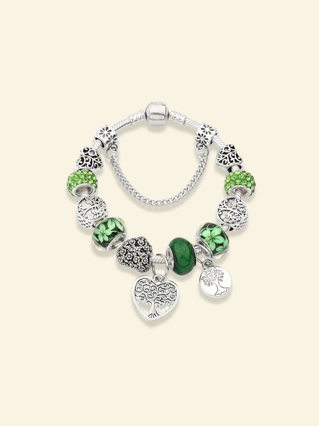 Bracelet Arbre de Vie Fleur Coeur et pendentif / Vert / 18CM