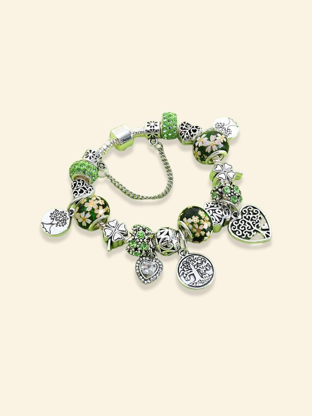 Bracelet Arbre de Vie Fleur Coeur et trèfle / Vert / 18CM