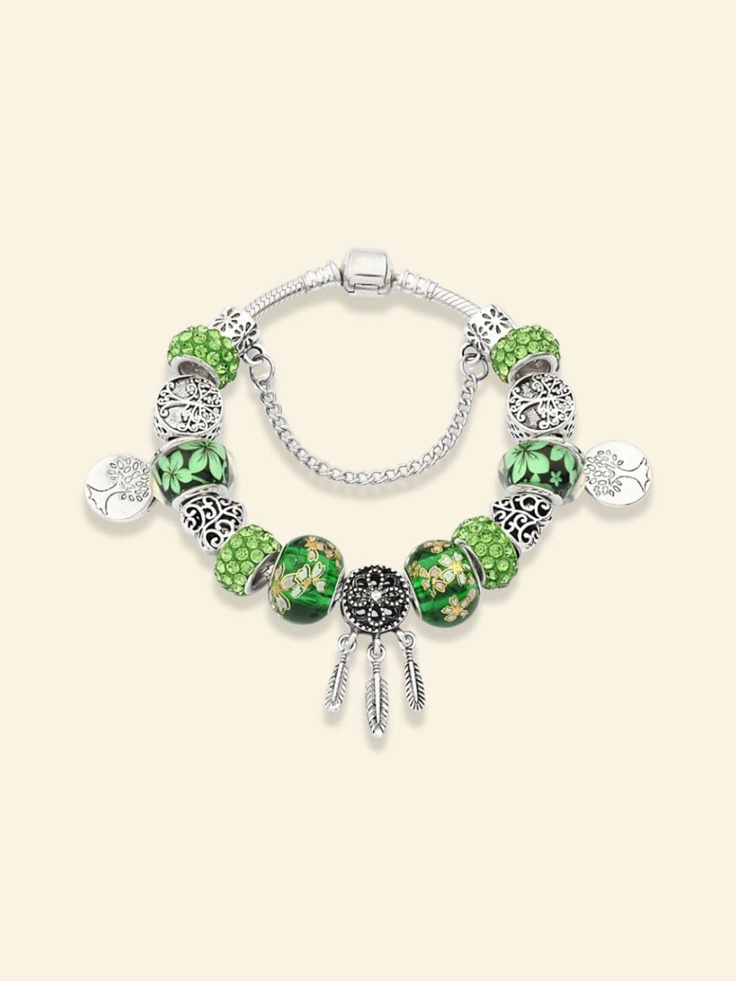 Bracelet Arbre de Vie Fleur Plume / Vert / 18CM