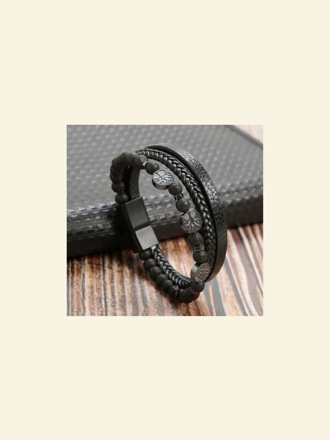 Bracelet Arbre de Vie Noir Noir / Pierre de lave / 18.5cm