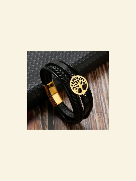 Bracelet Pour Homme Arbre de Vie Noir et doré / 18.5cm