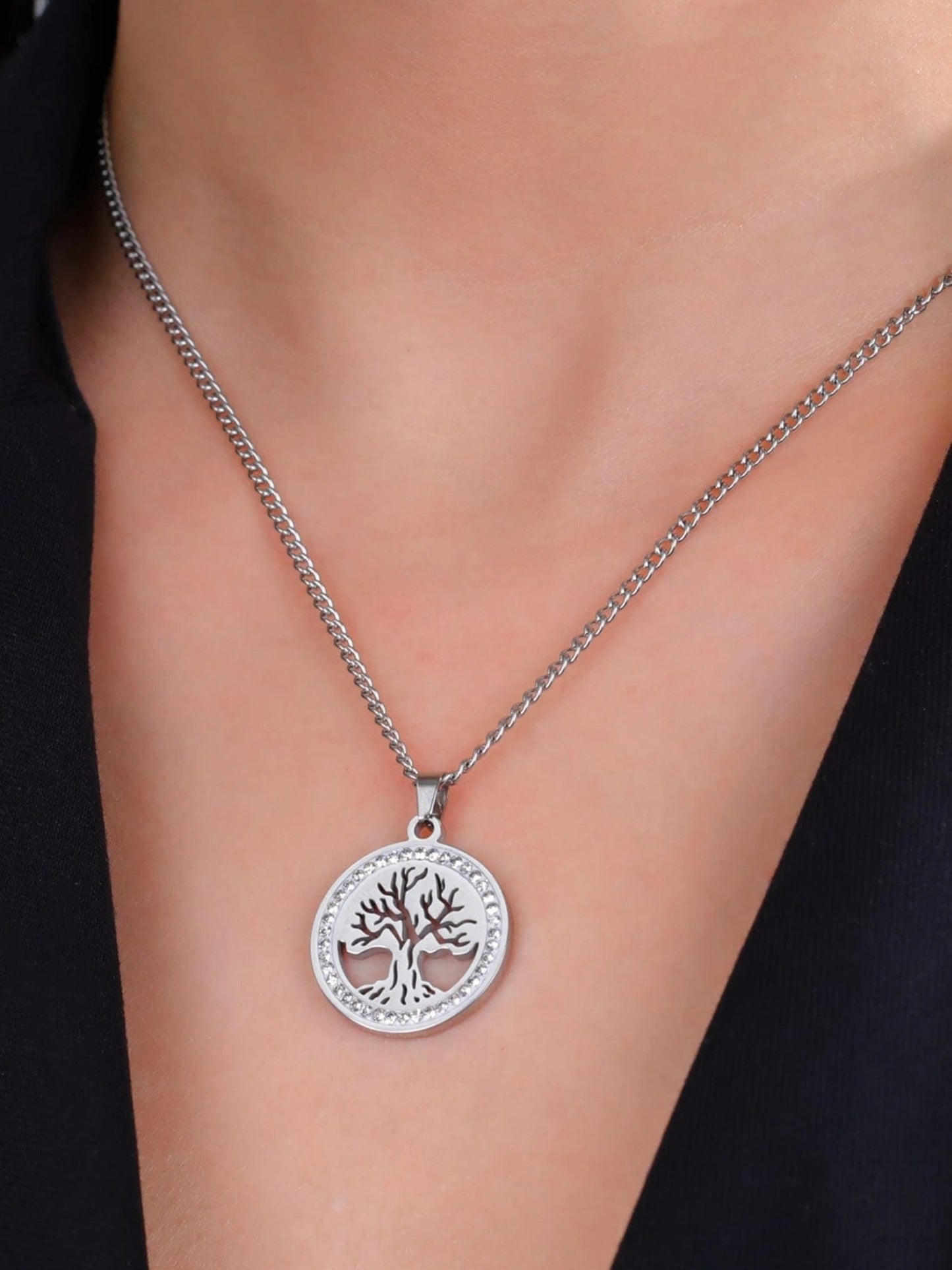 Collier Arbre de Vie Acier Zircon Argent