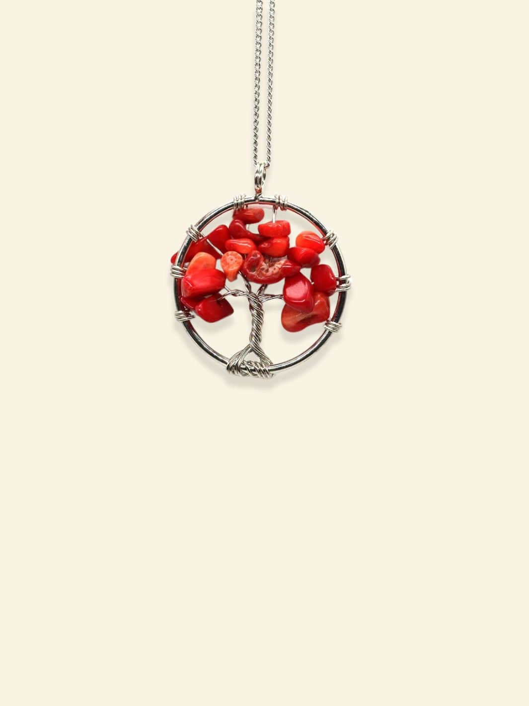 Collier Arbre de Vie Pierres Précieuses Corail rouge